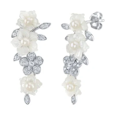 The Pearl Source White Freshwater Pearl & Mother Of Pearl Flower Magnolia Earrings In Sterling Silver