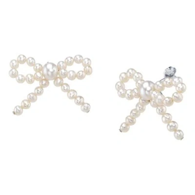 The Pearl Source White Freshwater Pearl Bow Earrings In Sterling Silver