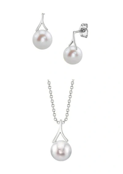 The Pearl Source White Freshwater Pearl Lindsey Pendant & Earring Set In White Gold