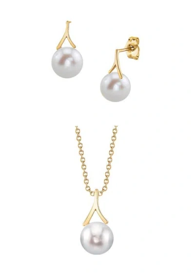 The Pearl Source White Freshwater Pearl Lindsey Pendant & Earring Set In Yellow Gold