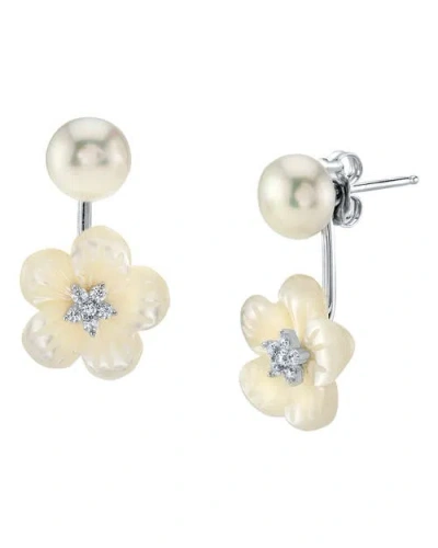 The Pearl Source White Freshwater Pearl Removable Mother Of Pearl Orchid Flower Earrings In Sterling Silver