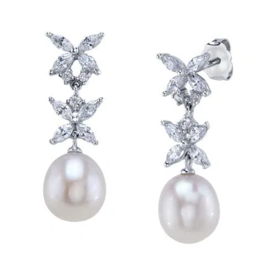 The Pearl Source White Freshwater Pearl Sparkle Earrings In Sterling Silver