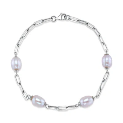 The Pearl Source White Freshwater Pearl Tincup Marlee Bracelet In Sterling Silver Chain
