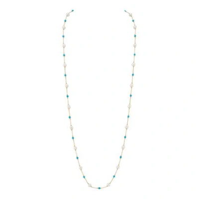 The Pearl Source White Freshwater Pearl Tincup Turquoise Necklace In Metallic