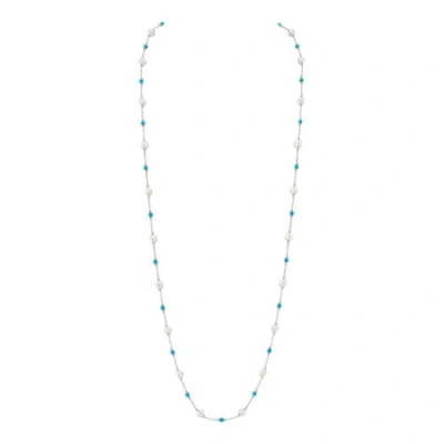 The Pearl Source White Freshwater Pearl Tincup Turquoise Necklace In Metallic