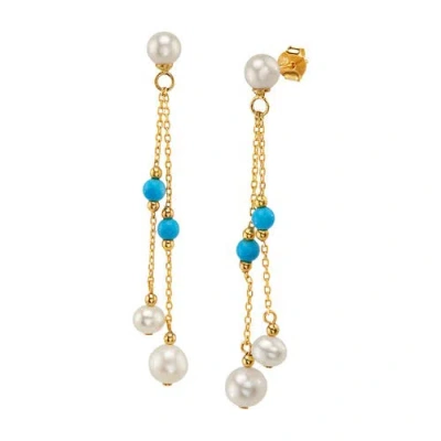 The Pearl Source White Freshwater Pearl Turquoise Earrings In Yellow Gold Fill