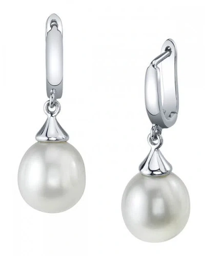 The Pearl Source White Freshwater Teardrop Pearl Leverback Earrings In Sterling Silver