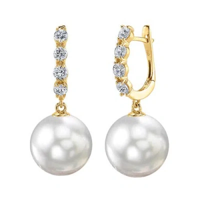 The Pearl Source White South Sea Pearl & Diamond Belle Earrings In Metallic