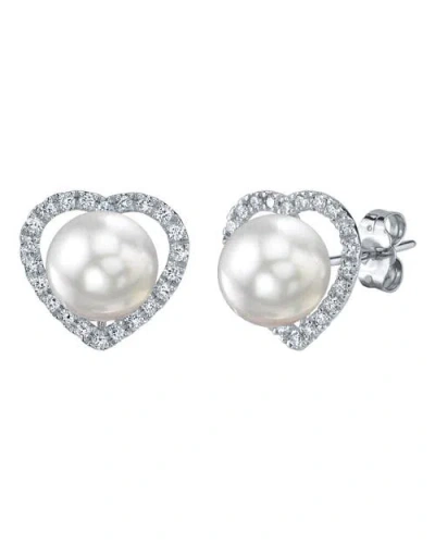 The Pearl Source White South Sea Pearl & Diamond Heart Amour Earrings In Gold
