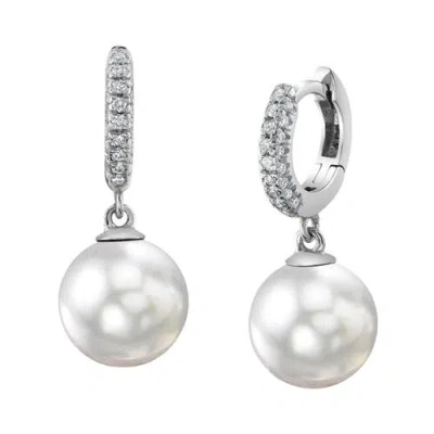 The Pearl Source White South Sea Pearl & Diamond Huggie Eileen Earrings In White Gold