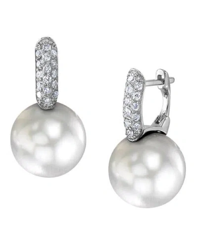 The Pearl Source White South Sea Pearl & Diamond Huggie Emily Earrings In Gold