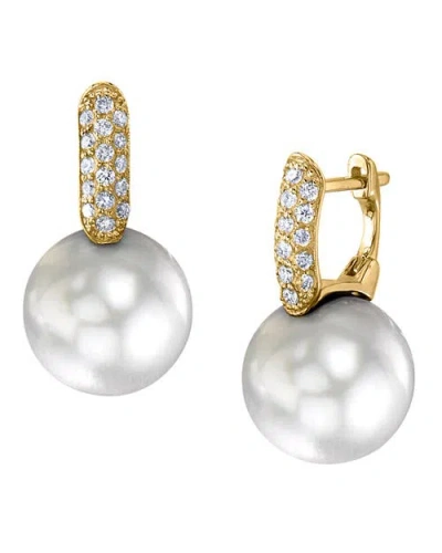 The Pearl Source White South Sea Pearl & Diamond Huggie Emily Earrings In Gold