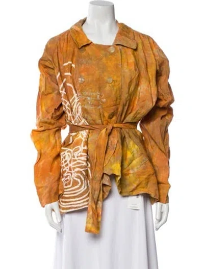 Pre-owned The People Of The Labyrinths Linen Graphic Print Jacket In Orange