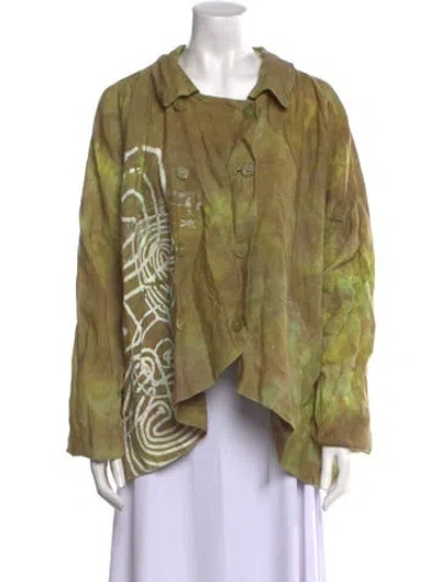 Pre-owned The People Of The Labyrinths Linen Printed Blouse In Green