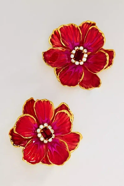 The Pink Reef Hand-painted Birth Flower Stud Earrings In Red