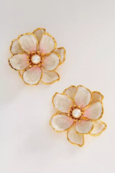 The Pink Reef Hand-painted Birth Flower Stud Earrings In Gold