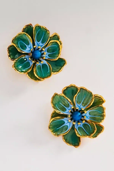 The Pink Reef Hand-painted Birth Flower Stud Earrings In Green
