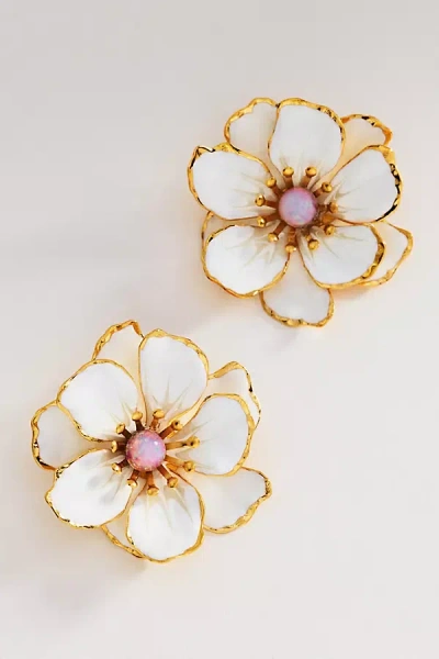 The Pink Reef Hand-painted Birth Flower Stud Earrings In Gold