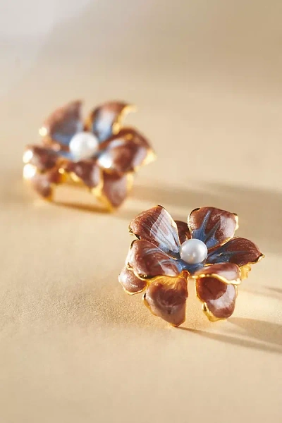 The Pink Reef Handpainted Floral Post Earrings In Gold