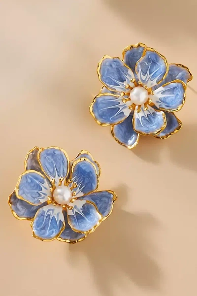 The Pink Reef Handpainted Flower Earrings In Blue