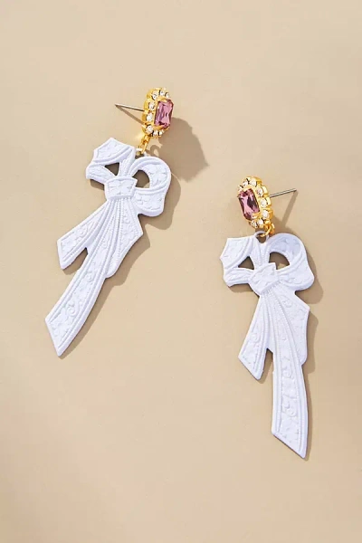 The Pink Reef Handpainted Retro Bow Earrings In White