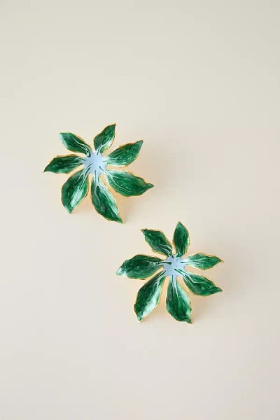 The Pink Reef Handpainted Tropic Post Earrings In Green