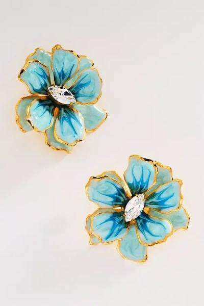 The Pink Reef Small Handpainted Jewel Box Flower Earrings In Gold