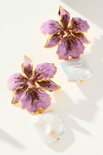 The Pink Reef Vanilla Pearl Drop Earrings In Purple