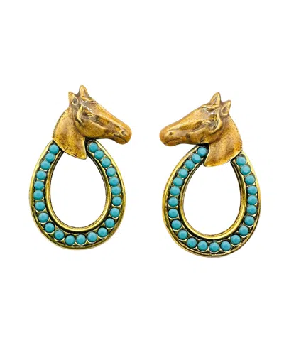 The Pink Reef Women's Blue / Brown  Lexington Horse Earring In Gold