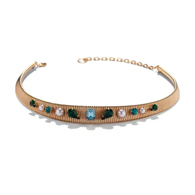 The Pink Reef Women's Gold / Green / Blue  & Collar Necklace In Emerald, Aqua & Pearl In Burgundy