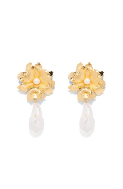 The Pink Reef Women's Gold  Lace Floral Earring With Baroque Pearl