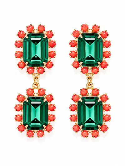 The Pink Reef Women's Green  Twin Gem Earring In Coral Emerald
