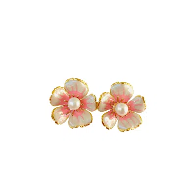 The Pink Reef Women's Orange Hand-painted Small Floral In Pearl & Pink In Gold