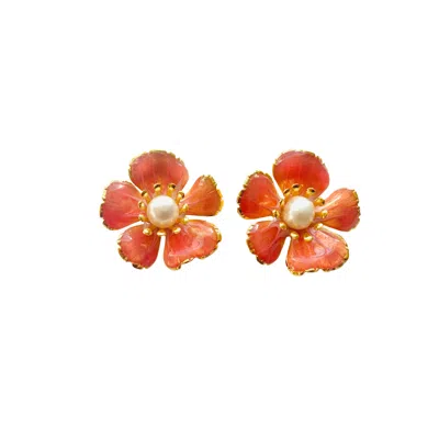 The Pink Reef Women's Orange Small Hand Painted Floral In Pink Coral In Brown