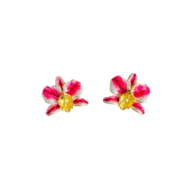 The Pink Reef Women's Pearl & Red French Orchid Earrings In Gold