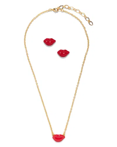 The Pink Reef Women's Red  Hand-painted Kiss Kiss Lips Stud & Necklace Set
