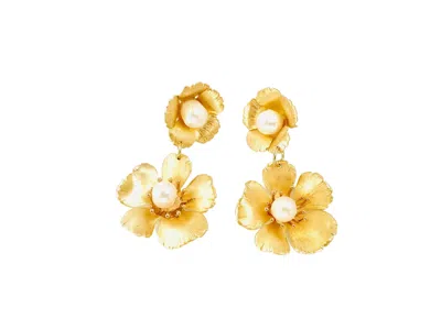 The Pink Reef Women's Small Double Golden Flower With Pearl Earrings