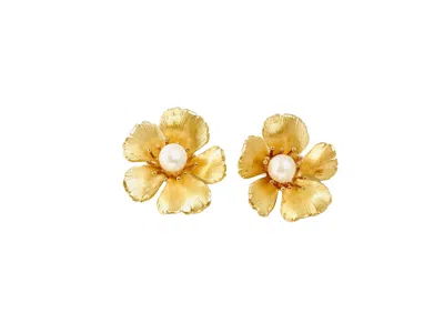 The Pink Reef Women's Small Golden Flower Stud With Pearl Center