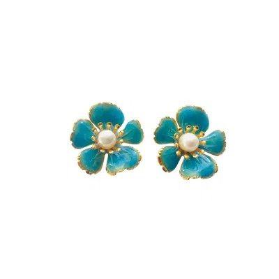 The Pink Reef Women's Small Hand Painted Floral In Ocean Blue In Green