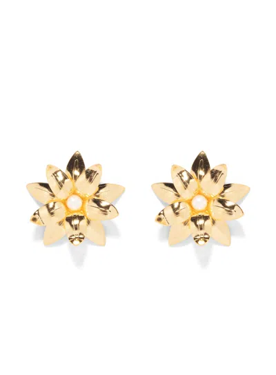 The Pink Reef Women's  Golden Hibiscus Earring With Cultured Pearl