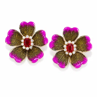 The Pink Reef Women's  Leaves Floral Earring With Ruby Crystal