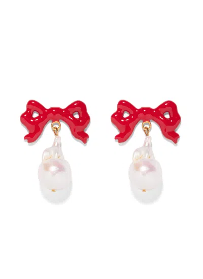 The Pink Reef Women's  Red Bow & Baroque Pearl Earring