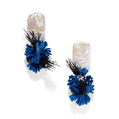 The Pink Reef Women's  Royal Blue Handmade Floral Earring With Pearl