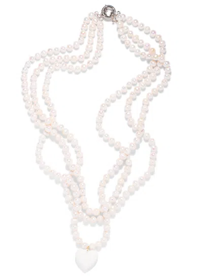 The Pink Reef Women's  Triple Strand Pearl Necklace With White Heart