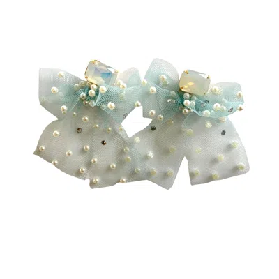 The Pink Reef Women's Tulle Bow In White Opal & Blue In Green