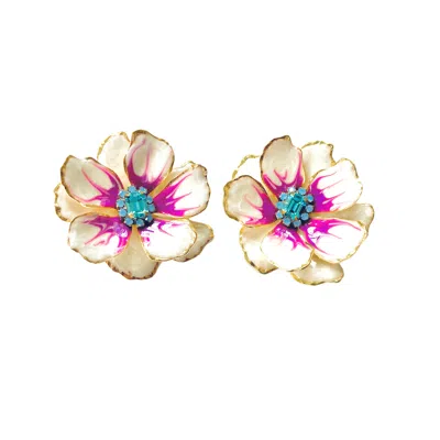 The Pink Reef Women's White Pearl & Purple Large Hand Painted Jewel Box Florals In Gold