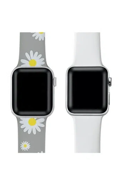The Posh Tech Assorted 2-pack Daisy Print & Solid Silicone Apple Watch® Watchbands In Grey Floral/white