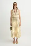 Posse Bowie Polka-dot Linen And Cotton-blend Halterneck Midi Dress In Yellow
