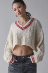 The Ragged Priest Load Cable Knit Cropped Sweater In Ecru, Women's At Urban Outfitters In Ecru