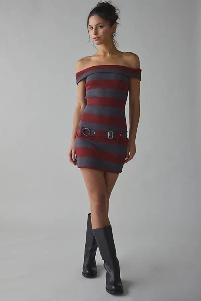The Ragged Priest Rib Bardot Mini Dress With Belt In Red Stripe